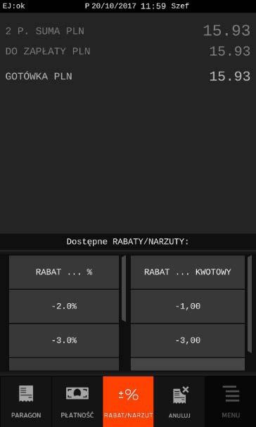Podsumowanie paragonu po wprowadzeniu i zatwierdzeniu rabatu 0,75 PLN lub 10% (wyliczenie z ograniczeniami - patrz poniżej) Jednocześnie nastąpi wydruk wprowadzonego rabatu na paragonie Klawisz