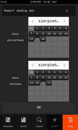 Określ odpowiednio datę początkową i końcową raportu fiskalnego dobowego, z którego to okresu będą pobierane dane do wydruku raportu okresowego wskazanie daty końcowej ogranicza automatycznie do tej