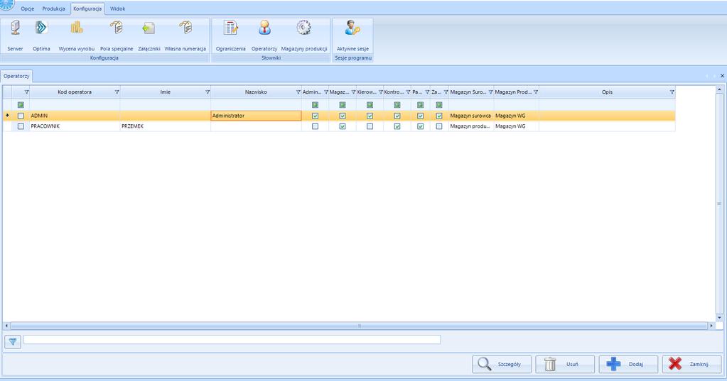 otworzyć zakładkę Konfiguracja, następnie kliknąć Operatorzy: Wyświetli się