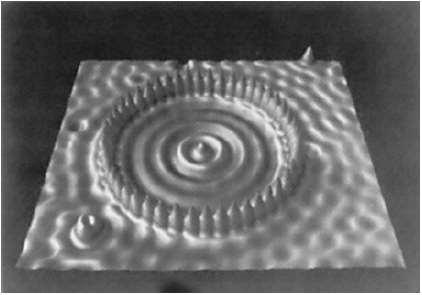 Przykłady STM (stały prąd) 48 atomów Fe ułożonych w pierścień na powierzchni Cu(111) w 4K Średnica