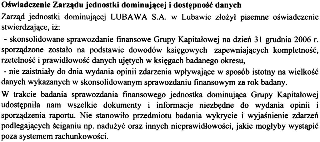 Raoort uzuoelniaiacv opinie z badania skonso/idowanef!o.\"oraw(}7.dania finan.\"owe~o Gruov KaoitQ/ow~i LUBAWA S.A. za rok obrotowv 2006 5.