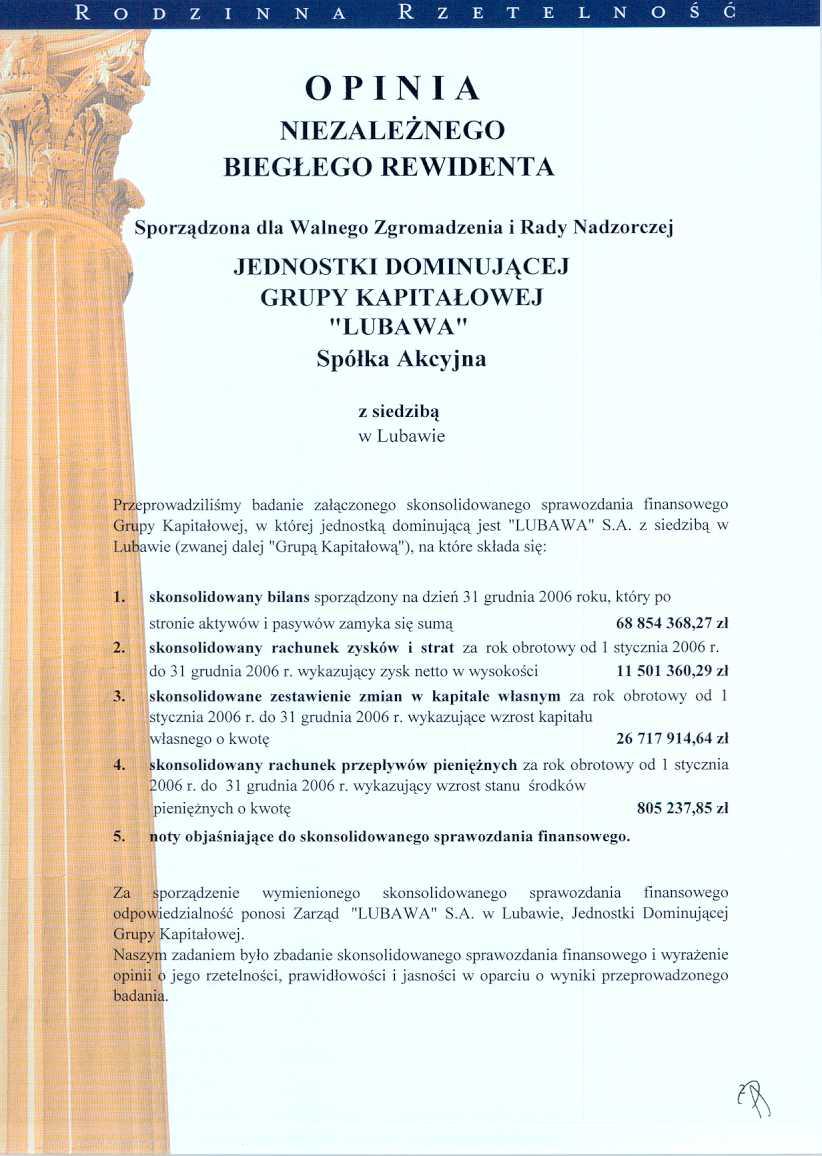 wykazuj¹ce wzrost kapita³u 26717914,64 z³ rachunek przep³ywów pieniê nych za rok obrotowy od 1 stycznia r. do 31 grudnia 2006 r. wykazuj¹cy wzrost stanu œrodków '.