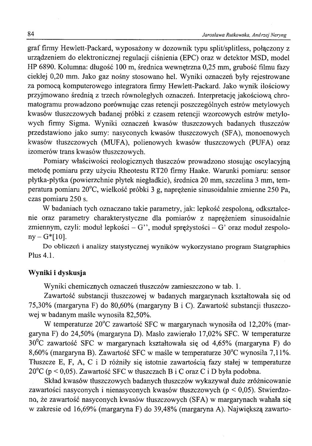 84 Jarosława Rutkowska, Andrzej Neryng graf firmy Hewlett-Packard, wyposażony w dozownik typu split/splitless, połączony z urządzeniem do elektronicznej regulacji ciśnienia (EPC) oraz w detektor MSD,