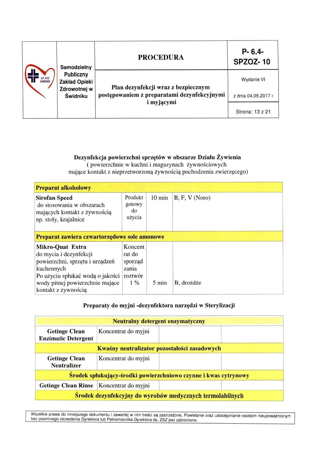 l^lf" SPIOZ 1 \ II ŚWIDNIKJ Strona: 13 z 21 Dezynfekcja powierzchni sprzętów w obszarze Działu Żywienia (powierzchnie w kuchni i magazynach żywnościowych mające kontakt z nieprzetworzoną żywnością
