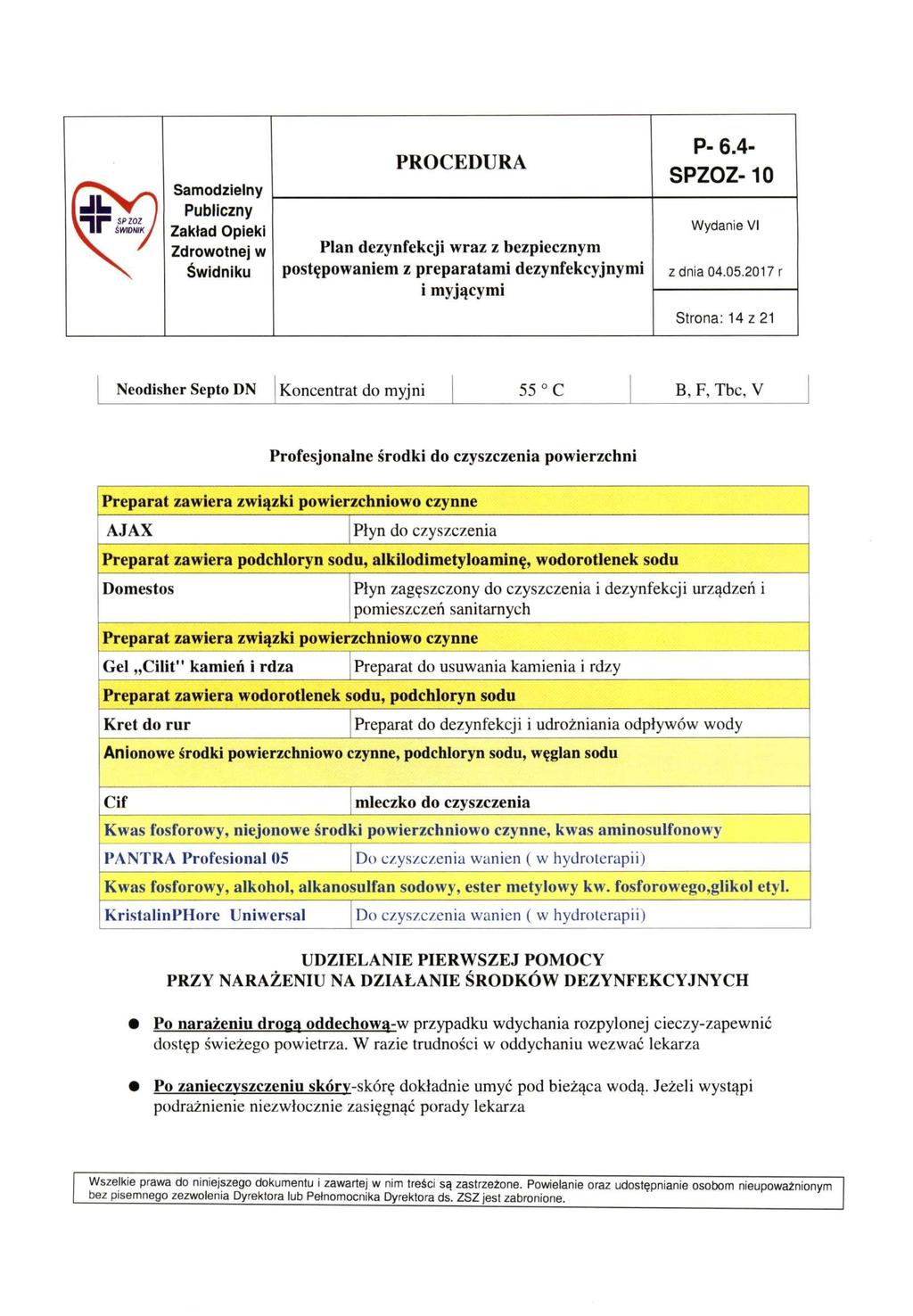 V II SPZOZ / śmomj Strona: 14 z 21 Neodisher Septo DN Koncentrat do myjni 55 C B, F, Tbc, V Profesjonalne środki do czyszczenia powierzchni Preparat zawiera związki powierzchniowo czynne AJAX Płyn do
