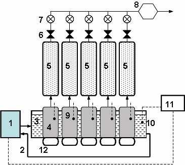 zbiornik na biogaz, 6 zawory odcinające, 7 przepływomierze gazowe, 8 analizatory gazowe (CH 4, CO 2, NH 3, O 2, H 2 S), 9 sensory ph, 10 sensor temperatury, 11 centrala rejestrująca, 12 mieszadła