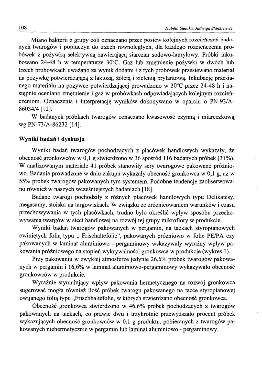 108 Izabela Steinka, Jadwiga Stankiewicz Miano bakterii z grupy coli oznaczano przez posiew kolejnych rozcieńczeń badanych twarogów i popłuczyn do trzech równoległych, dla każdego rozcieńczenia
