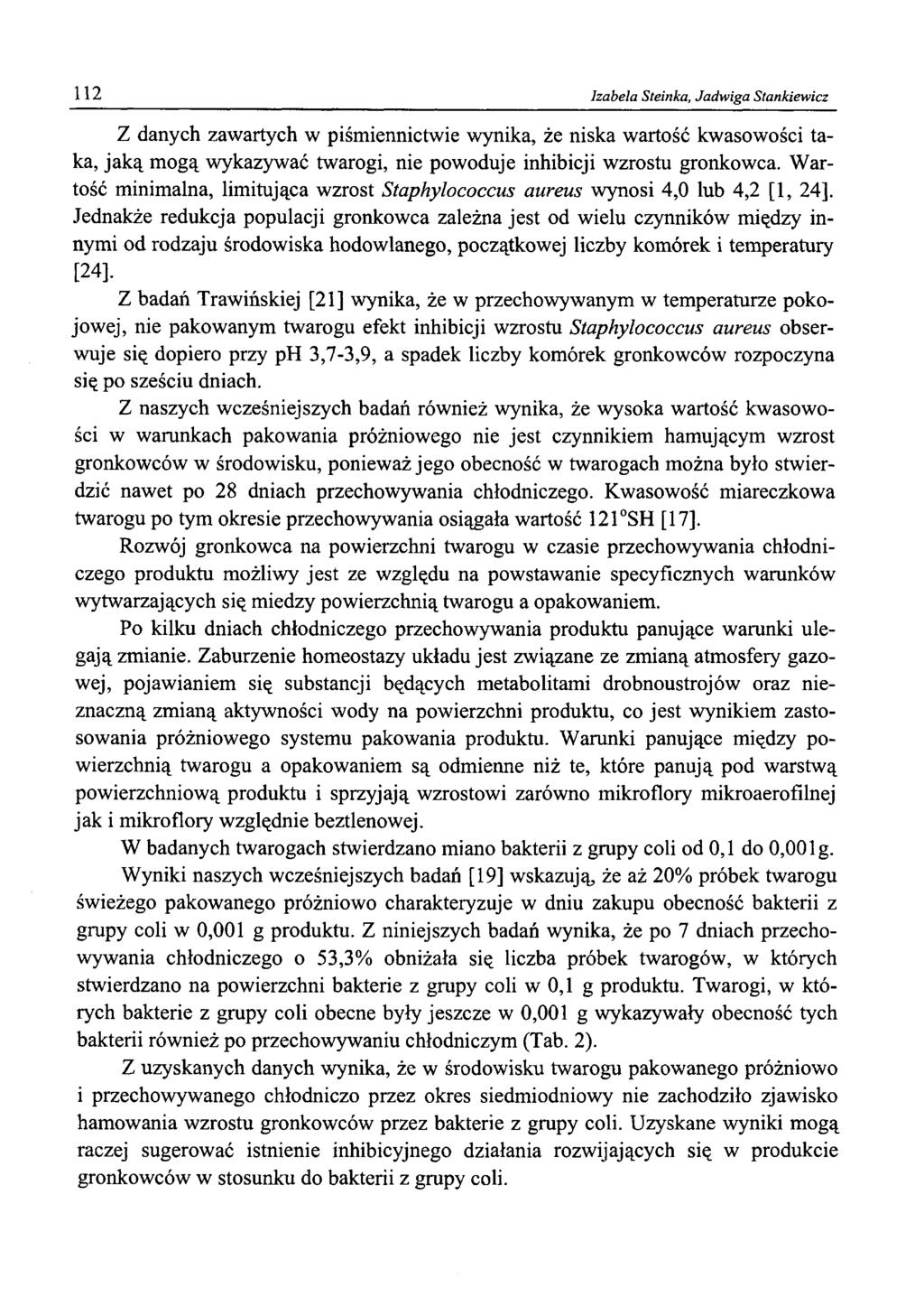 112 Izabela Steinka, Jadwiga Stankiewicz Z danych zawartych w piśmiennictwie wynika, że niska wartość kwasowości taka, jaką mogą wykazywać twarogi, nie powoduje inhibicji wzrostu gronkowca.