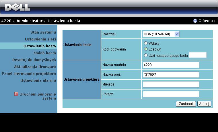 Ustawienia hasła Ustawienia hasła Rozdziel.: Umożliwia wybór rozdzielczości. Dostępne opcje to: XGA (1024 x 768) i WXGA (1280 x 800).
