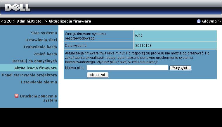 Aktualizacja firmware Użyj strony Aktualizacja firmware do aktualizacji firmware połączenia bezprzewodowego