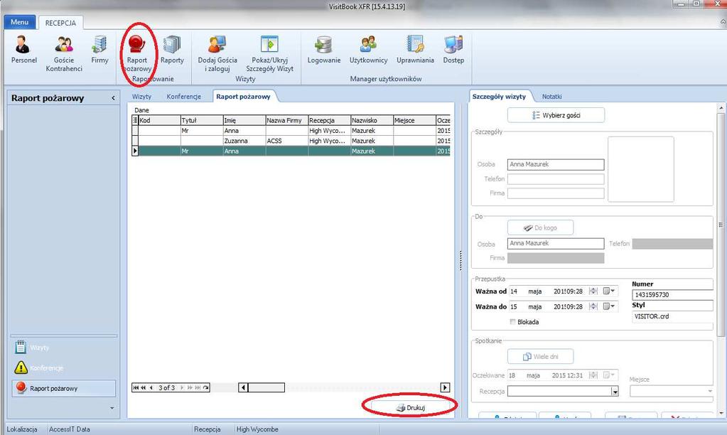 S t r o n a 16 Wydruk Raportu Pożarowego Aby wydrukować raport pożarowy czyli listę osób aktualnie znajdujących się na terenie obiektu na ekranie głównym programu należy