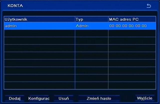 Instrukcja obsługi wer.1.3 KONFIGURACJA REJESTRATORA 5.1.7. Użytkownicy Po wybraniu z menu USTAWIENIA pozycji UŻYTKOWNICY pojawi się poniższy ekran.