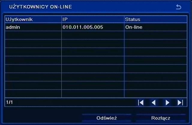 adres MAC. 5.2.5. Użytkownicy on-line Po wybraniu z menu INFORMACJE pozycji UŻYTKOWNICY ON-LINE pojawi się poniższy ekran.
