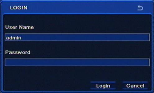 The Login screen, depicted below, appears: Type in the username and password by pressing the appropriate combination of channel number buttons or using a mouse and the virtual keyboard, then confirm