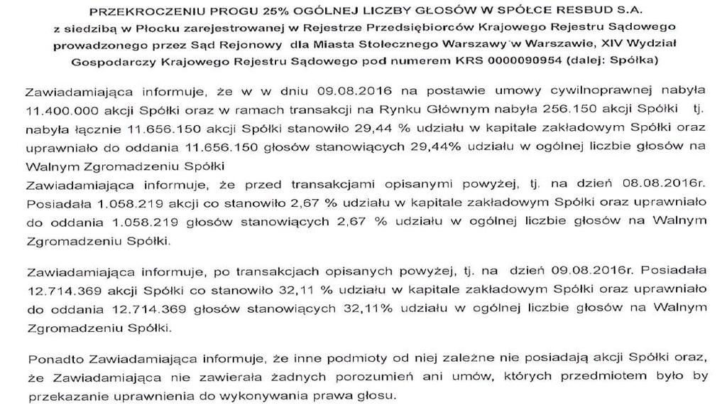 ogólnej liczbie głosów na Walnym Zgromadzeniu Spółki. Ponadto Zawiadamiający informuje, że żadne podmioty od niego zależne poza DAM