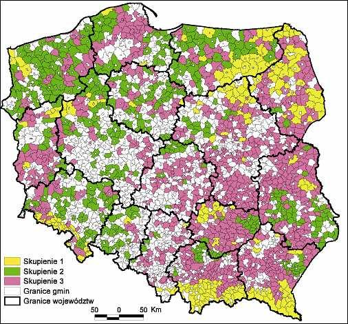 Skupienie nr 1 grupuje gminy o większej liczbie gospodarstw ekologicznych niŝ w pozostałych podzbiorach.