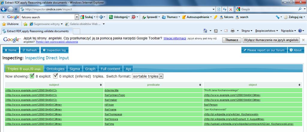 Wykorzystanie RDFa w XHTML przykład 7/7 Trójki RDF wyrenderowane z dokumentu XHTML np.