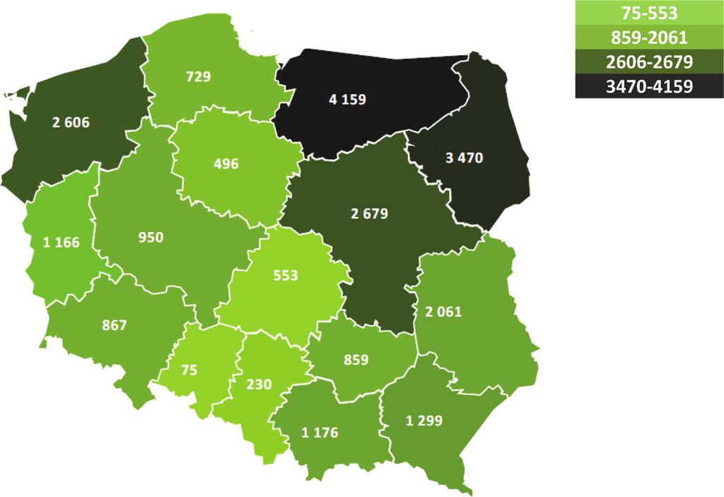 Ryc. 2.8. Liczba ekologicznych producentów rolnych w 2016 roku [GIJHARS].