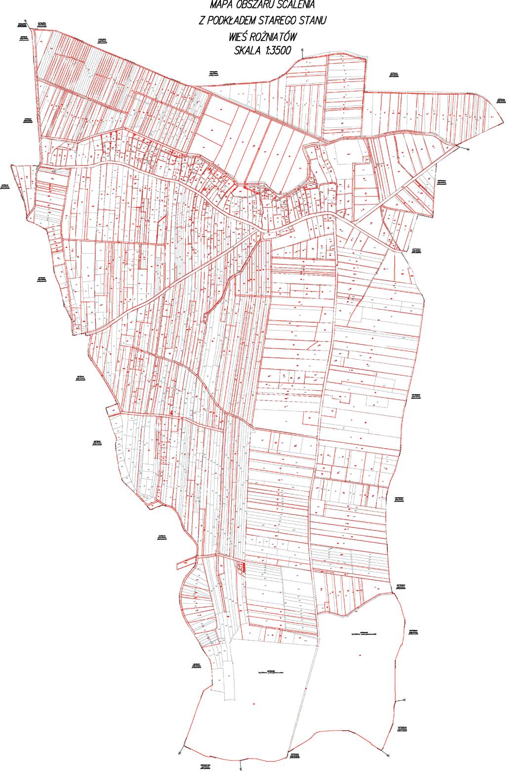 Obliczone współczynniki w sposób graficzny przedstawia przykładowa mapa obszaru scalenia (po scaleniu, kolor czerwony) z podkładem starego stanu (przed scaleniem, kolor czarny) wsi Rożniatów