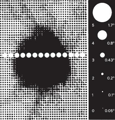 Wielkość znaczników Figure 2-8: This greyscale image (from an OCTOPUS examination) shows the blind spot and six standard Goldmann stimulus sizes.
