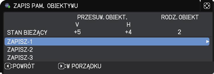 Obsługa projektora Regulacja obiektywu (ciąg dalszy) Pamięć obiektywu Projektor jest wyposażony w funkcje pamięci dla regulacji obiektywu (PRZESUW.OBIEKT. i RODZ. OBIEKT). Można zapisać do 3 ustawień.