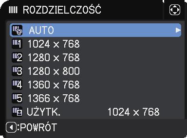 Menu WEJŚCIE Funkcja ROZDZIELCZOŚĆ Opis Rozdzielczość sygnału wejściowego COMPUTER IN można ustawić w projektorze.