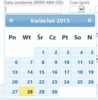 Każde pole daty zaopatrzone jest w podręczny kalendarz ułatwia to pracę z rejestrem i pozwala