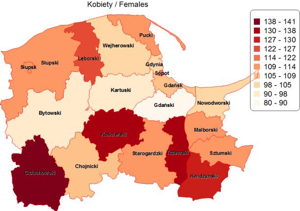 powiaty i płeć. Crude mortality rates in cancer in 2014 by county and sex.