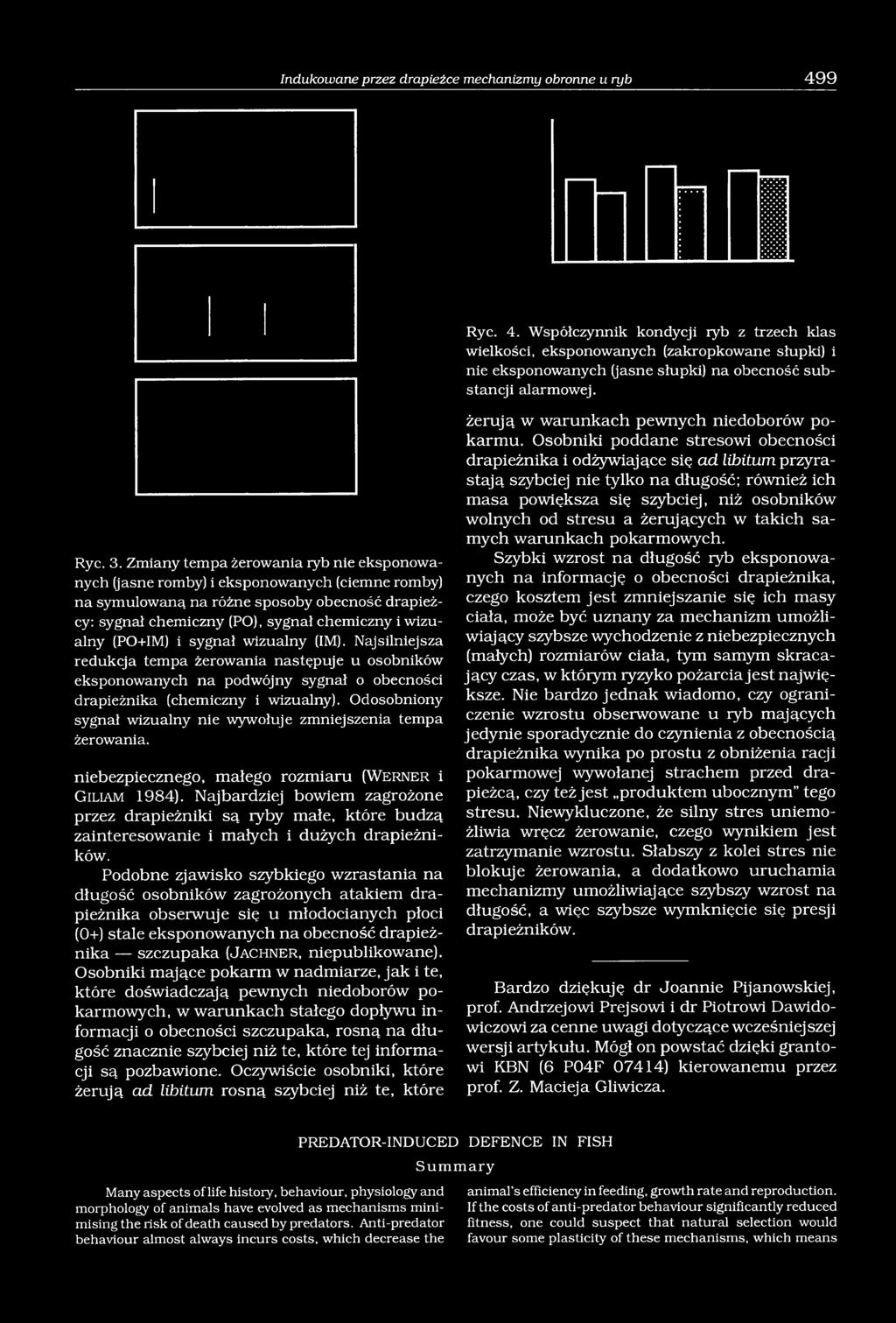 Zmiany tempa żerowania ryb nie eksponowanych (jasne romby) i eksponowanych (ciemne romby) na symulowaną na różne sposoby obecność drapieżey: sygnał chemiczny (PO), sygnał chemiczny i wizualny (PO+IM)