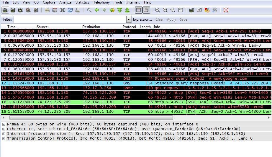 Kliknij przycisk Start aby rozpocząć przechwytywanie. a. Wybierz www.google.com Zminimalizuj okno przeglądarki i wróć do Wireshark. Zatrzymaj proces przechwytywania.