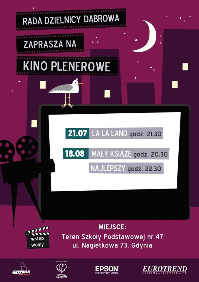 Kino letnie na Dąbrowie Rada Dzielnicy Dąbrowa zaprasza na seanse kina letniego na Dąbrowie #wgdyni. Pokazy odbędą się na terenie Szkoły Podstawowej nr 47 w Gdyni, od strony biblioteki miejskiej.