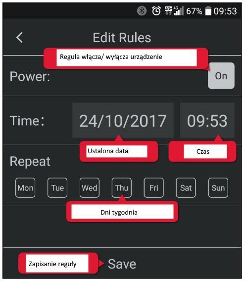 Zaplanowane reguły 1. Naciśnij +, aby rozpocząć tworzenie nowej reguły. 2. Zdecyduj, czy nowa reguła powinna włączać i wyłączać urządzenie smart. 3. Ustaw, w które dni tygodnia reguła jest aktywna.