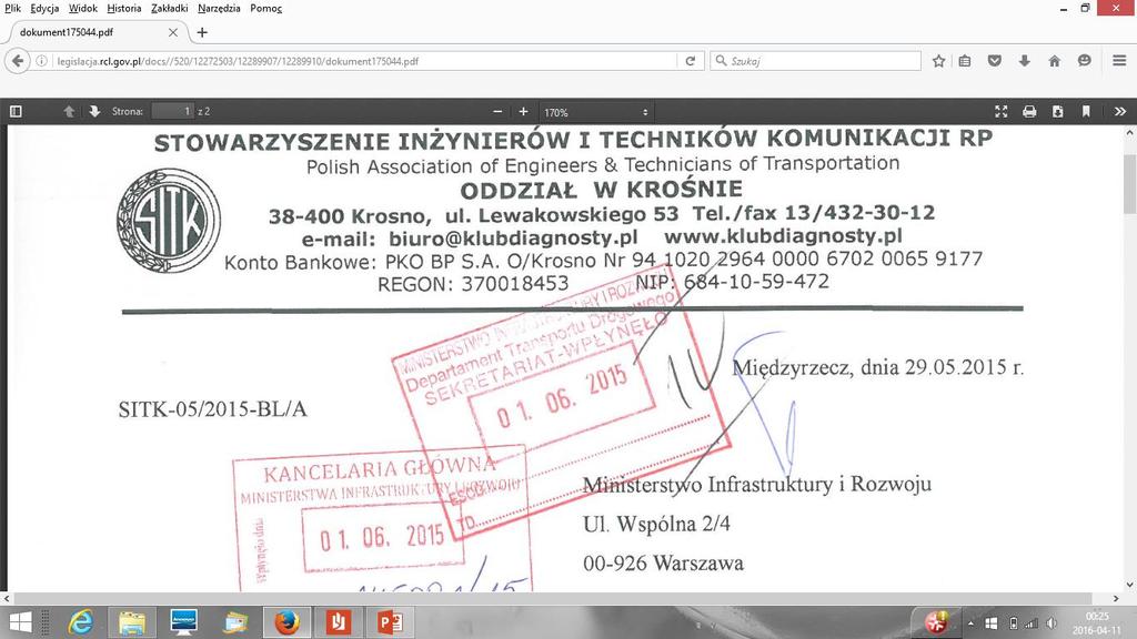 W odniesieniu do projektu rozporządzenia Ministra Infrastruktury i Rozwoju zmieniającego rozporządzenie Ministra Transportu, Budownictwa i Gospodarki Morskiej z dnia 26 czerwca 2012 r.