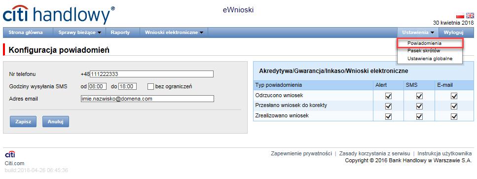 6. Ustawienia Korzystając z menu Ustawienia, Użytkownik ewnioski może dokonać zmiany ustawień zgodnie ze swoimi preferencjami.