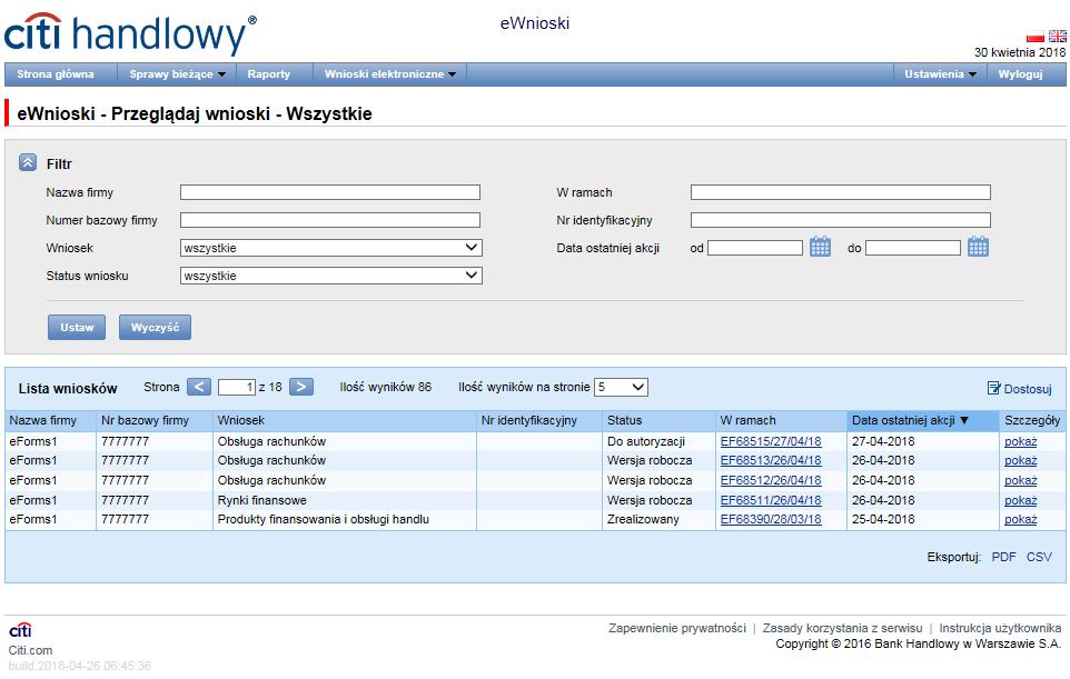 Formatka Przeglądaj, dostępna z menu Wnioski elektroniczne, składa się z pięciu folderów, do których trafiają wnioski o określonych statusach:»» Tworzone wnioski w statusach: Wersja robocza,