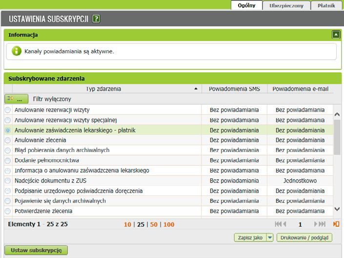 e-zla dla pracodawcy W oknie [Wybór kanałów subskrypcji] wybierz z