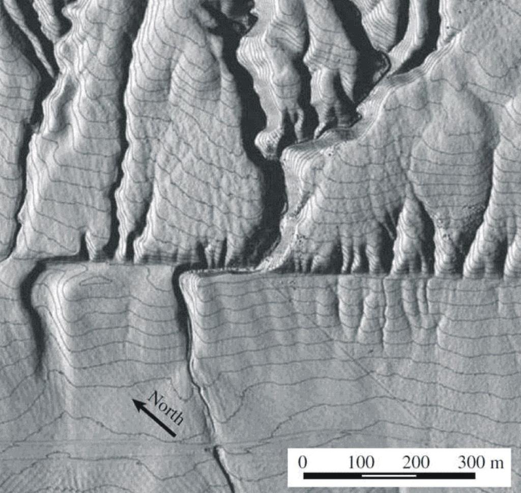 Obraz lidarowy (LIDAR Light Detection and Ranging) rozłamu San Andreas w Wallace Creek, Kalifornia.