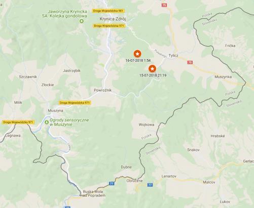 Dwa wstrząsy w okolicach Krynicy Zdrój. W nocy z 15 na 16 lipca 2018 wystąpiły dwa wstrząsy w rejonie Krynicy Zdrój. Pierwszy o magnitudzie M2.