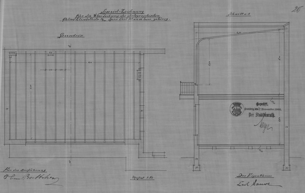 PEJZAŻE KULTURY Fot. 2. Rzuty budowlane altany fotograficznej przy Elisabethstrasse 13/14 (obecnie ul. Śniadeckich 29), wg projektu Fritza Weidnera (1902 r.). Źródło: APB, Akta bud. m. B., sygn.