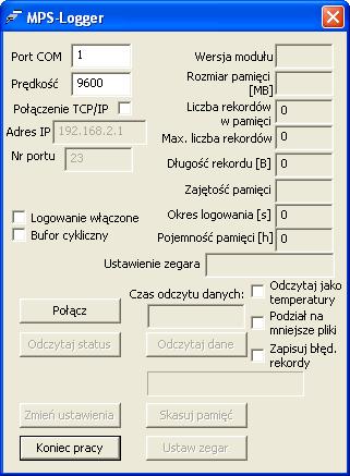 Rys. 1. Główne okno programu MPS-Logger W polu Port COM należy wpisać nr portu szeregowego COM w komputerze PC, do którego podłączony jest moduł MPS.