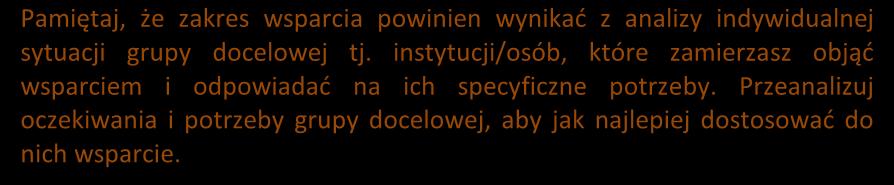 w obszarze doradztwa edukacyjno zawodowego. Pamiętaj, że zakres wsparcia powinien wynikać z analizy indywidualnej sytuacji grupy docelowej tj.