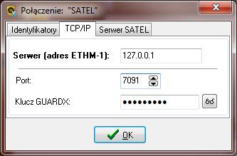 W programie GUARDX muszą zostać wprowadzone identyczne identyfikatory, jak w centrali. Rys. 7. Zakładka Identyfikatory w oknie Połączenie: nazwa systemu. 7.2 Zakładka TCP/IP Serwer (adres ETHM-1) adres modułu ethernetowego.