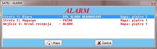 SATEL GUARDX 21 8.2.1 Funkcje do zarządzania systemem alarmowym 8.2.1.1 ALARMY Polecenie wyświetla się w menu rozwijanym tylko wtedy, gdy w systemie alarmowym, z którym komunikuje się aktualnie program, doszło do alarmu.