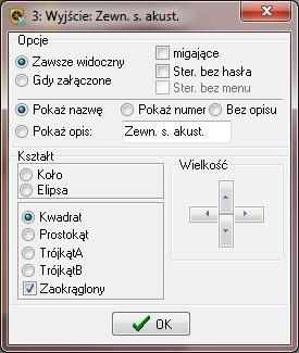 48 GUARDX SATEL Rys. 31. Okno Właściwości dotyczące naniesionego na mapie wyjścia. Kształt w obszarze możesz zdefiniować parametry określające kształt wyjścia wyświetlanego na mapie.