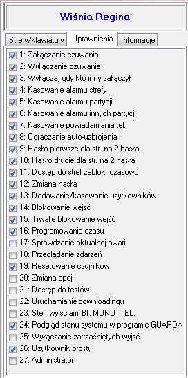 62 GUARDX SATEL Użytkownik prosty po wpisaniu hasła i zatwierdzeniu klawiszem użytkownik nigdy nie wybiera stref, w których chce załączyć / wyłączyć czuwanie.