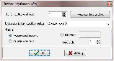 66 GUARDX SATEL Nowy użytkownik nie może otrzymać większych uprawnień niż posiada osoba, która dodaje go do systemu. 1. Kliknij na przycisk Dodaj użytk.. Otworzy się okno Utwórz użytkowników. Rys. 42.