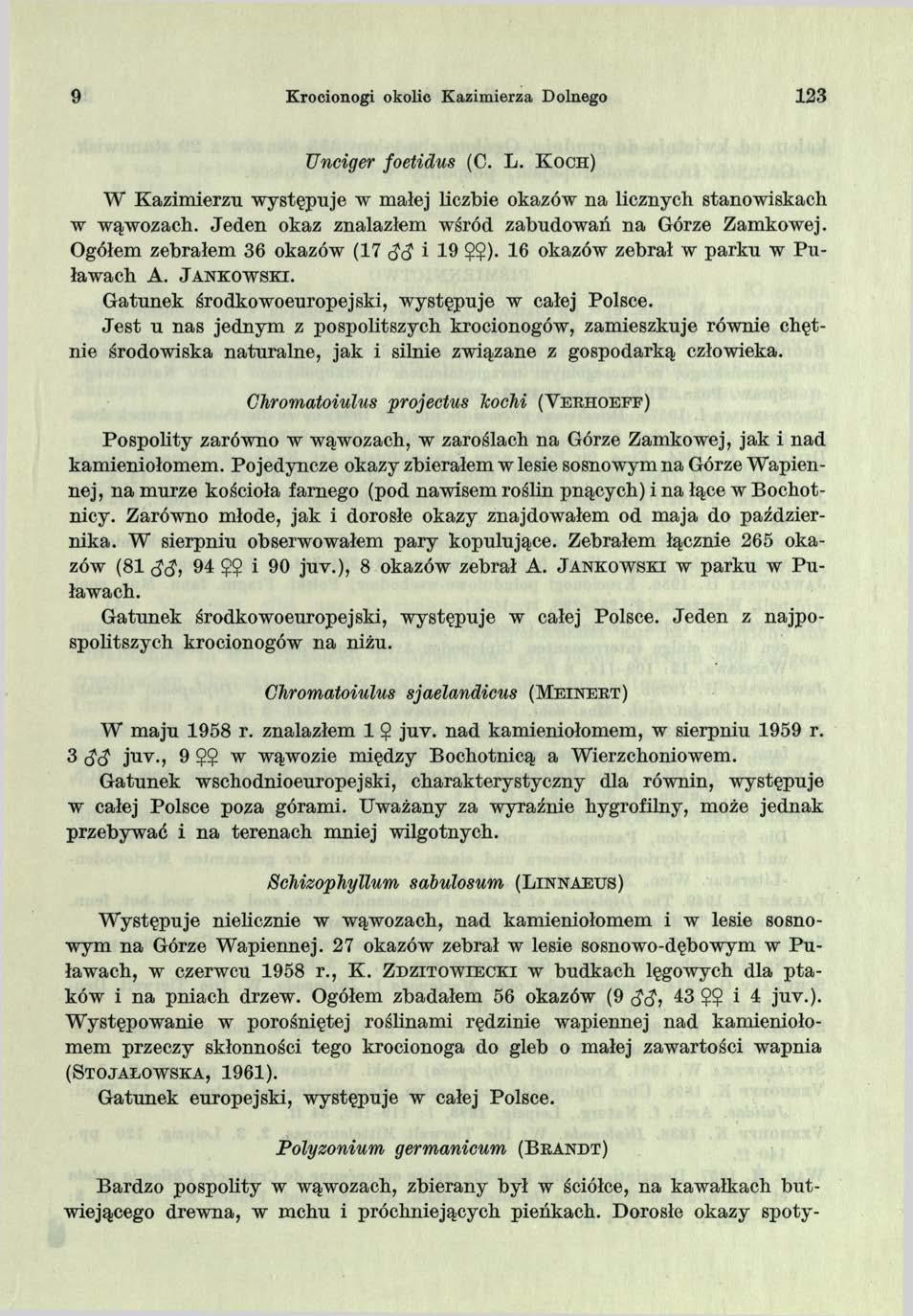 9 Krocionogi okolic K azim ierza Dolnego 123 Unciger foetidus (C. L. K o ch) W Kazimierzu występuje w małej liczbie okazów na licznych stanowiskach w wąwozach.