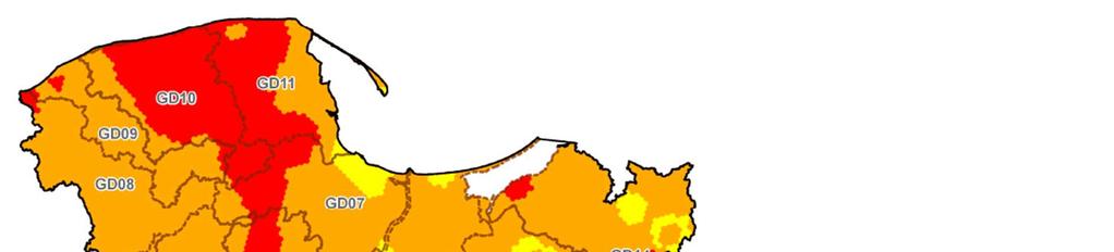 Klasy zagrożenia suszą rolniczą na terenie Pruszcza Gdańskiego III BARDZO NARAŻONE Obszary na których czas trwania susz rolniczych wyrażony procentem miesięcy w wieloleciu był wysoki oraz na których