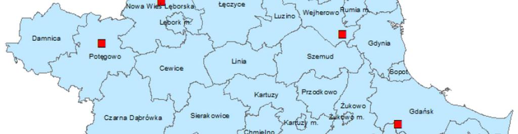 łącznie 38 gmin, w tym Trójmiasto oraz gminy z powiatów kartuskiego, lęborskiego, puckiego, wejherowskiego, bytowskiego, gdańskiego i słupskiego.