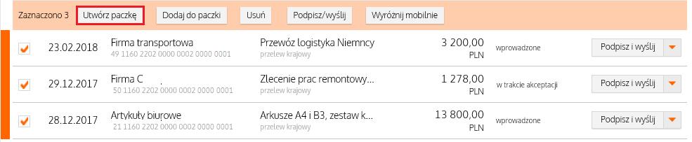 zaakceptowane). KROK 3 Zaznacz checkboxy przy zleceniach, które mają znaleźć się w paczce a następnie kliknij w przycisk Utwórz paczkę. WAŻNE!